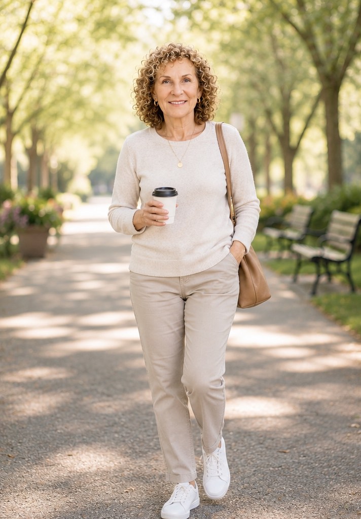 Linda walking with coffee cup